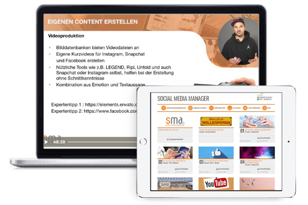 Laptop und Tablet mit Ausschnitten aus dem Kurs Social Media Manager