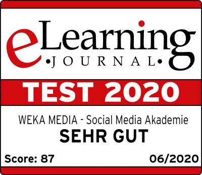 Logo des eLearning Siegel 2020 mit Bewertung sehr gut.