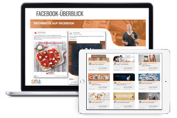 Laptop und Tablet mit Ausschnitten aus dem Kurs Online Marketing Manager
