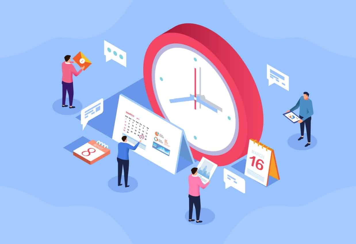 Illustration Uhr und Menschen Artikelbild beste Zeit für Social Media Posts