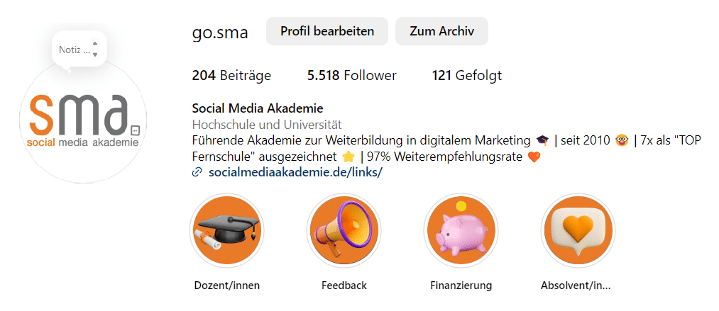 Instagram Profil der SMA - Instagram Strategie