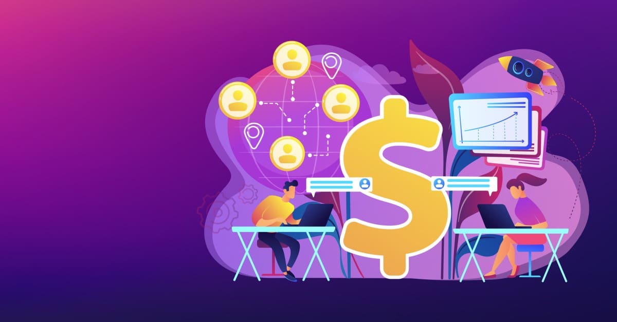 Illustration einer Grafik mit Dollarzeichen, Bildschirm und Menschen, Hintergrund zu Digitalisierung im Vertrieb