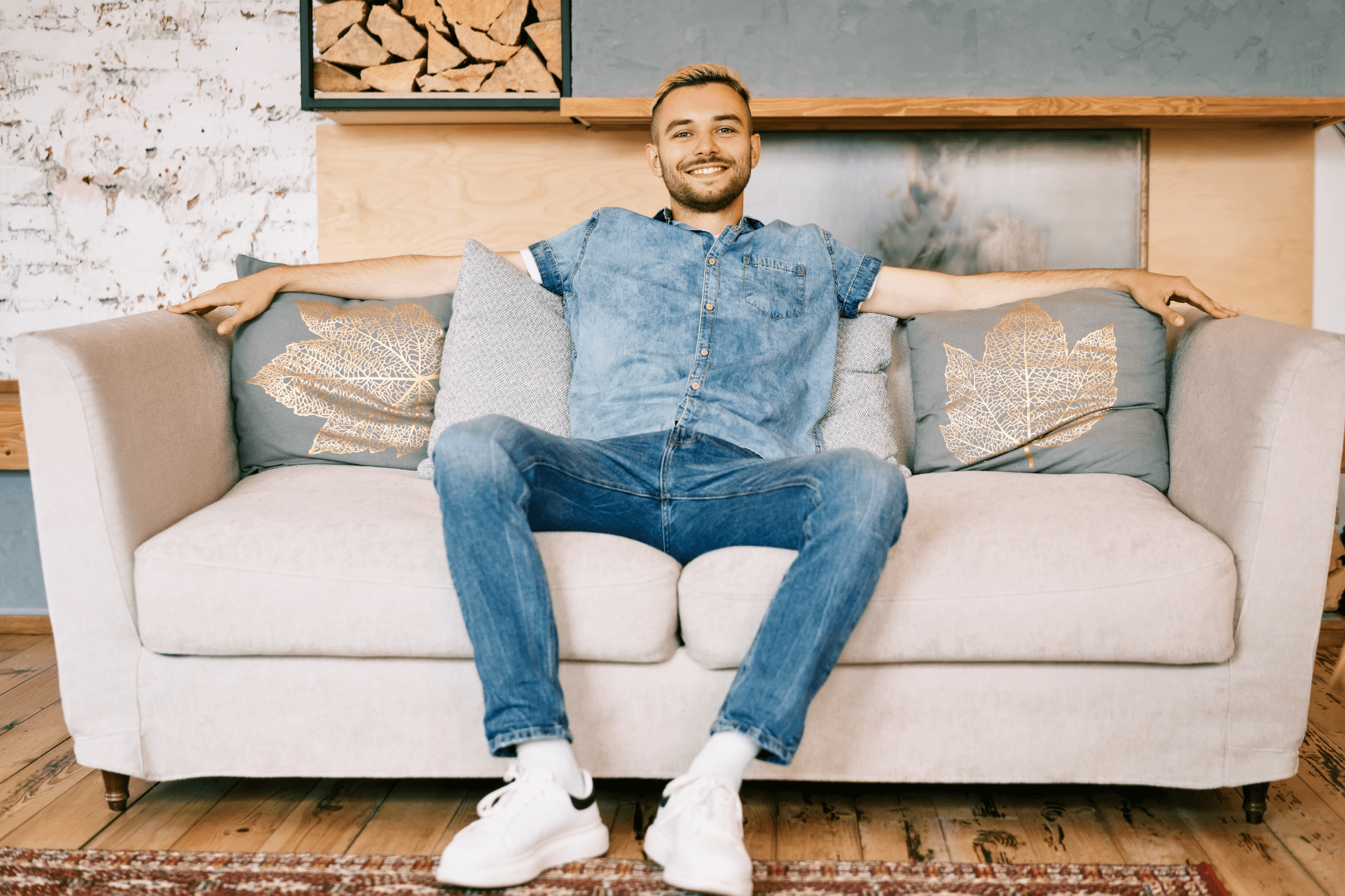 Mann sitzt lächelnd auf der Couch