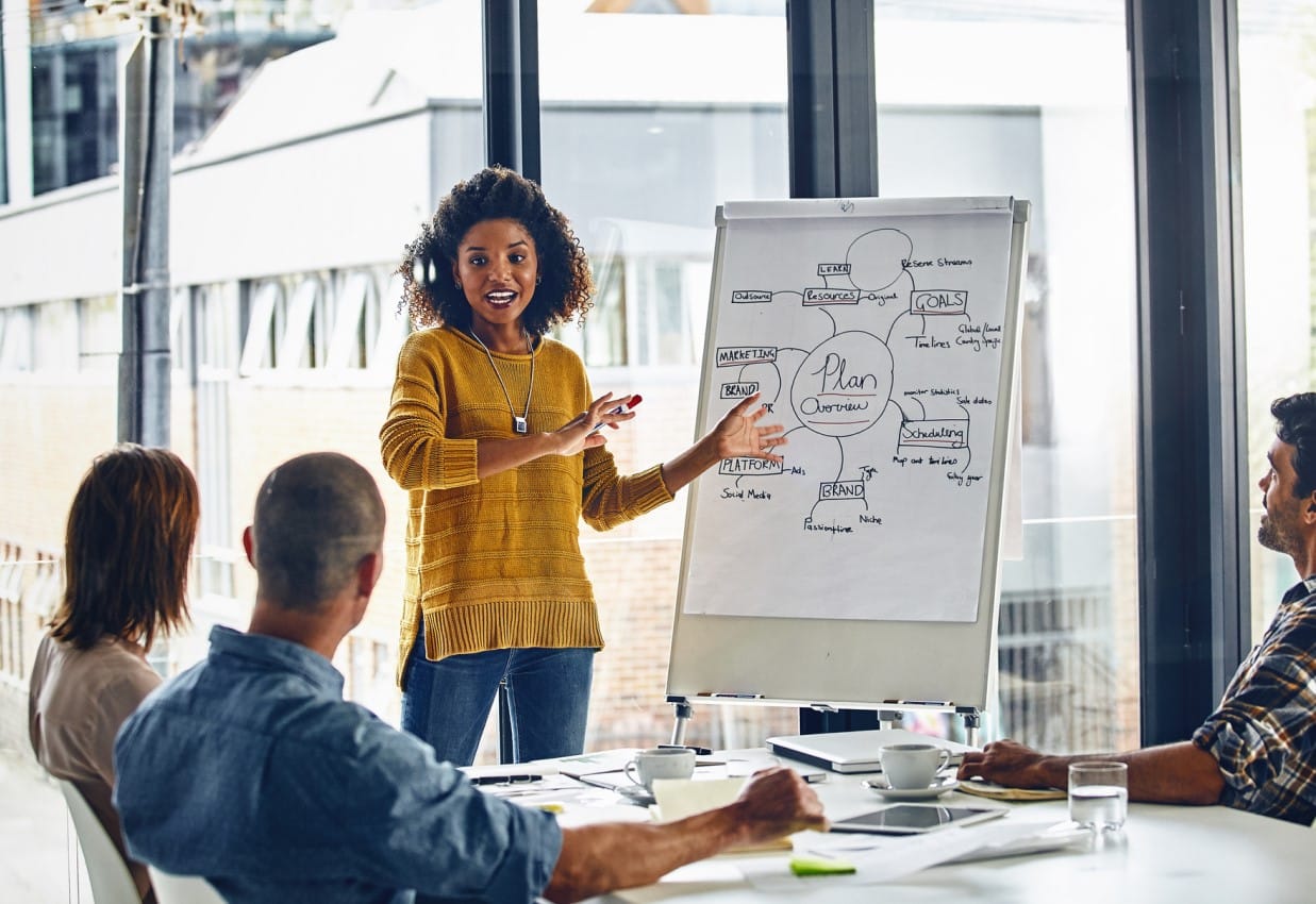 Online Marketing Strategie - Frau mit Flipchart erklärt einen Plan