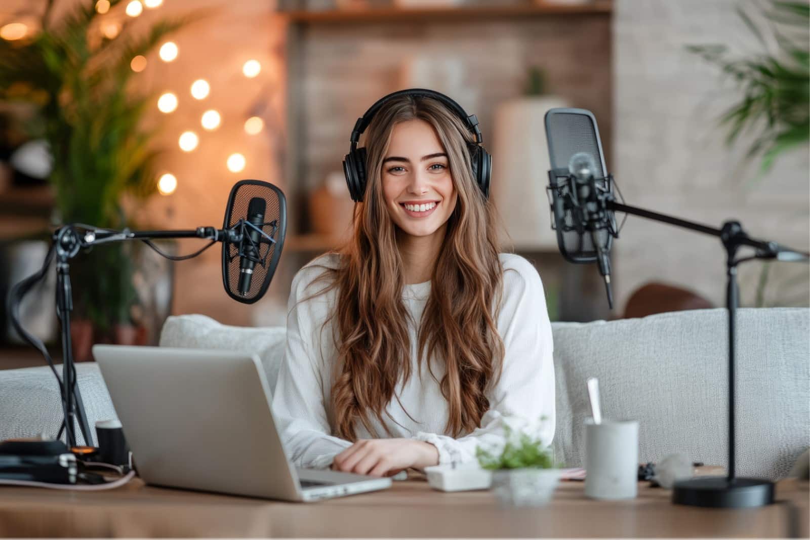 UGC Marketing - young women sitting in front of her microphone and headphones, smiling while talking to viewers on her podcast, studio lights in the background