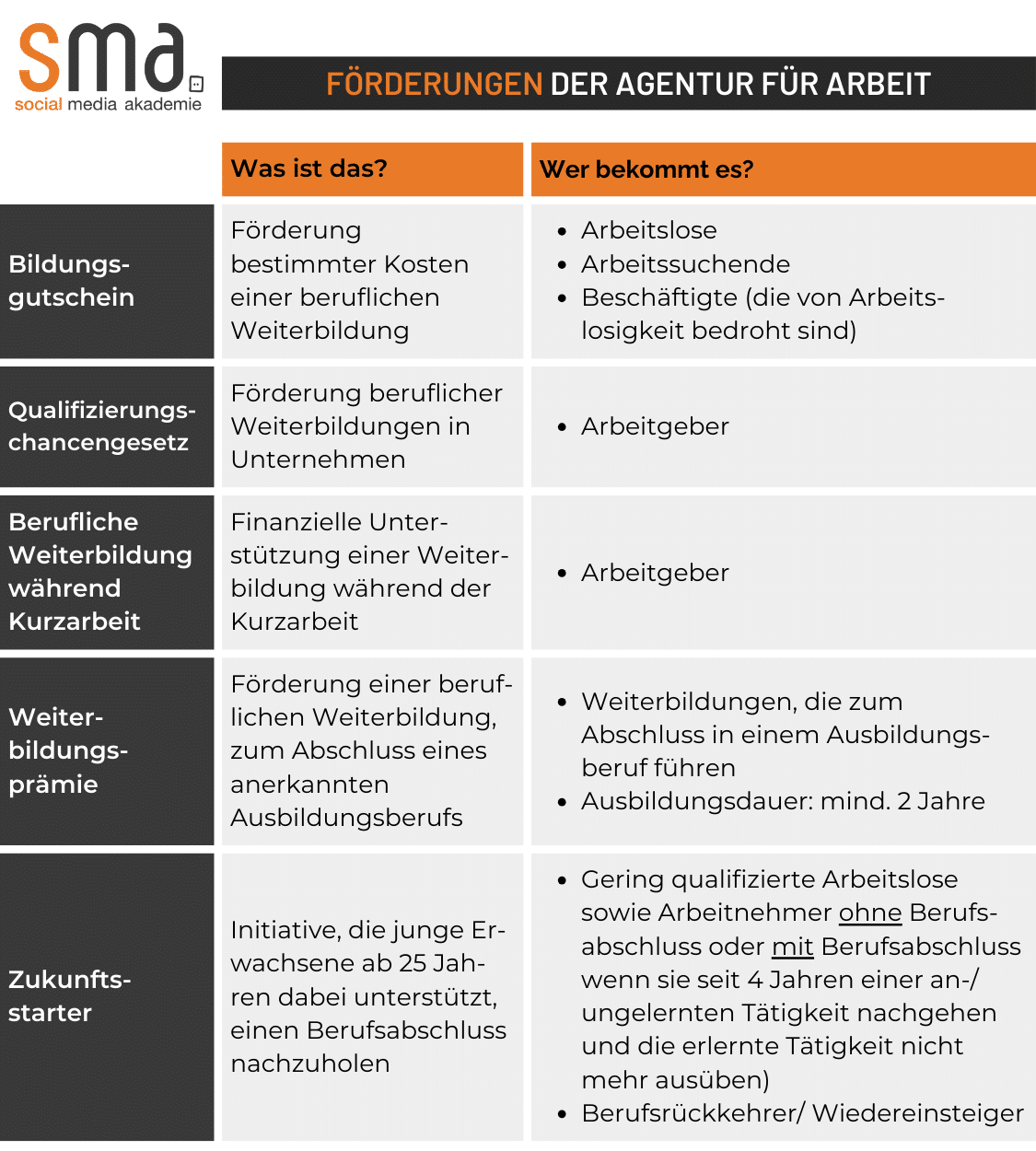 Weiterbildung vom Arbeitsamt bezahlt - In dieser Tabelle sind verschiedene Förderprogramme der Arbeitsagentur aufgelistet, die für eine berufliche Weiterbildung gelten. Dazu zählen Bildungsgutschein, Qualifizierungschancengesetz, Kurzarbeit, Weiterbildungsprämie, Zukunftsstarter.